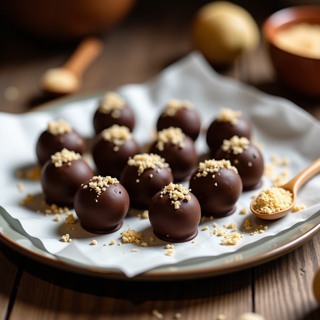 Trufas de macadamia y lucuma bañadas en chocolate 85% con coco rallado, sobre papel de horno blanco, con virutas de macadamia y polvo de lucuma al lado.