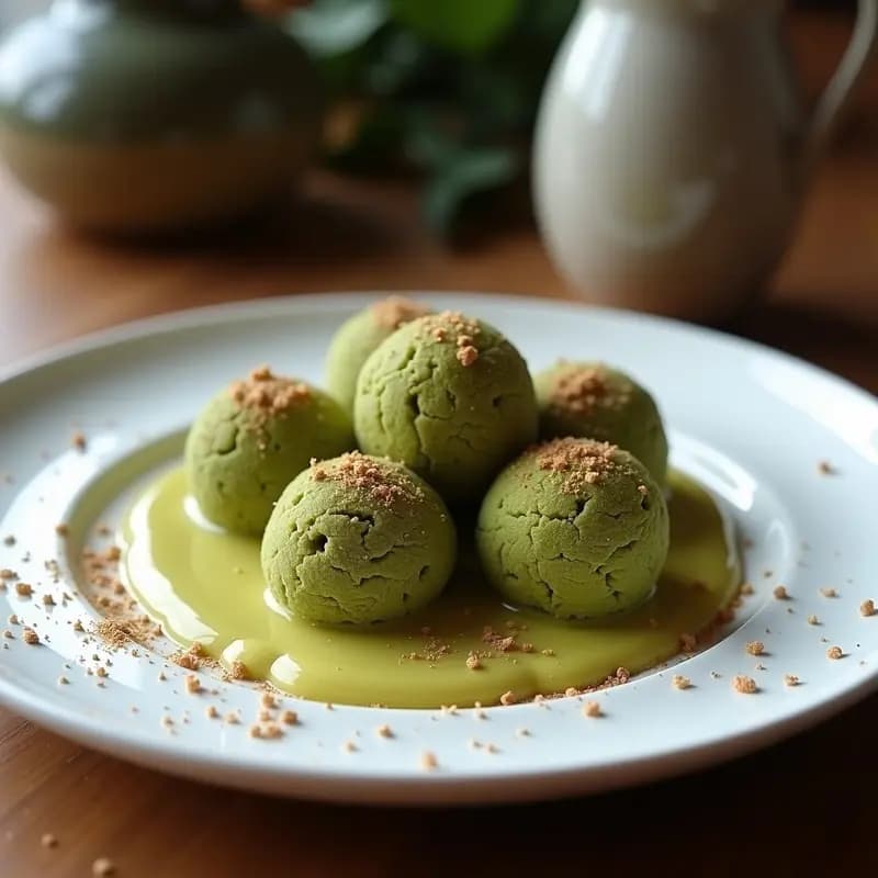 Trufas de matcha y chocolate blanco dispuestas en una bandeja de madera, con un toque de cacao en polvo espolvoreado y semillas de chía visibles en el exterior. Postre japonés energizante y sin horno.