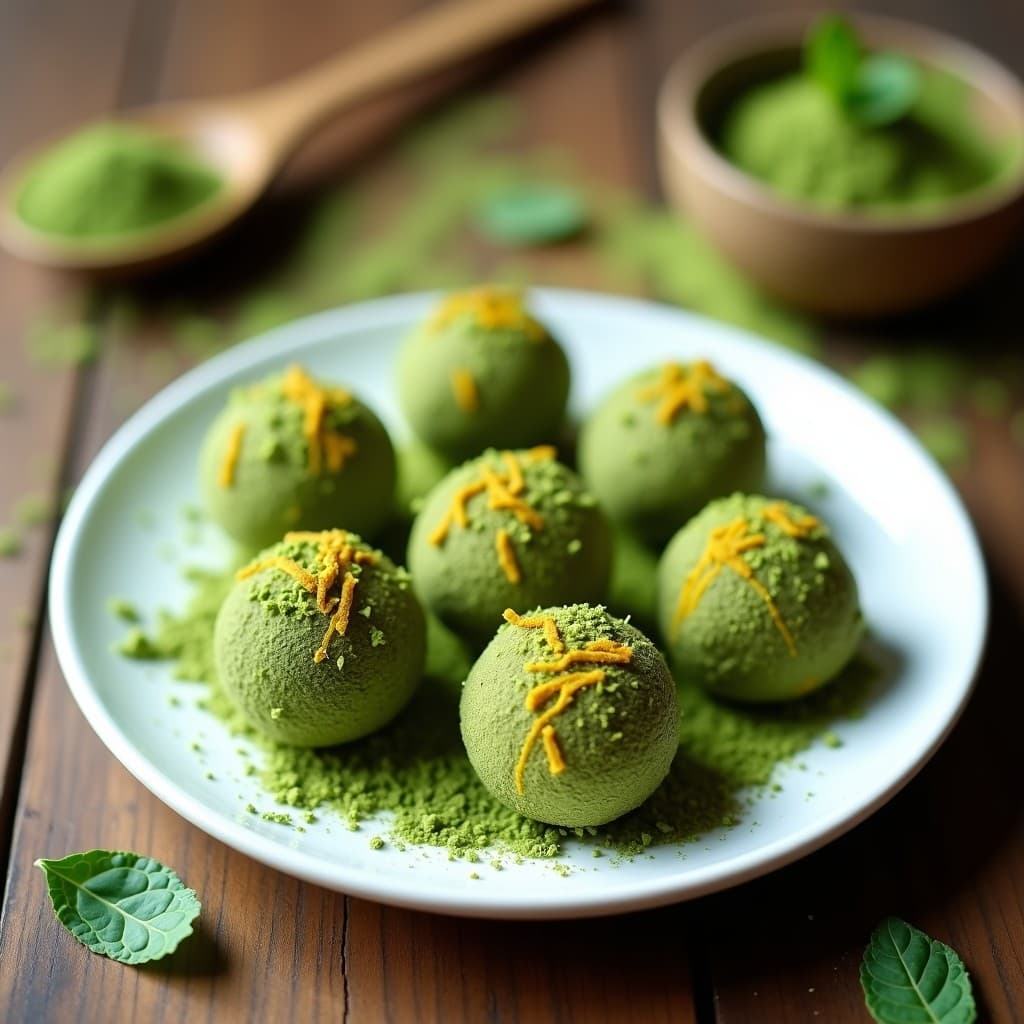 Trufas redondas de color verde esmeralda con vetas doradas de cúrcuma, cubiertas de coco rallado y semillas de chía, sobre un plato blanco con fondo de madera rústica.