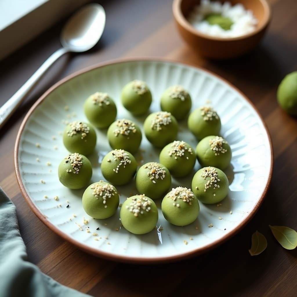 Trufas de queso de macadamia y matcha dispuestas en un plato de cerámica blanca, con textura cremosa y cubiertas de coco rallado y semillas de sésamo negro. Color verde pálido intenso con toques dorados. Receta de snack saludable con toque japonés.