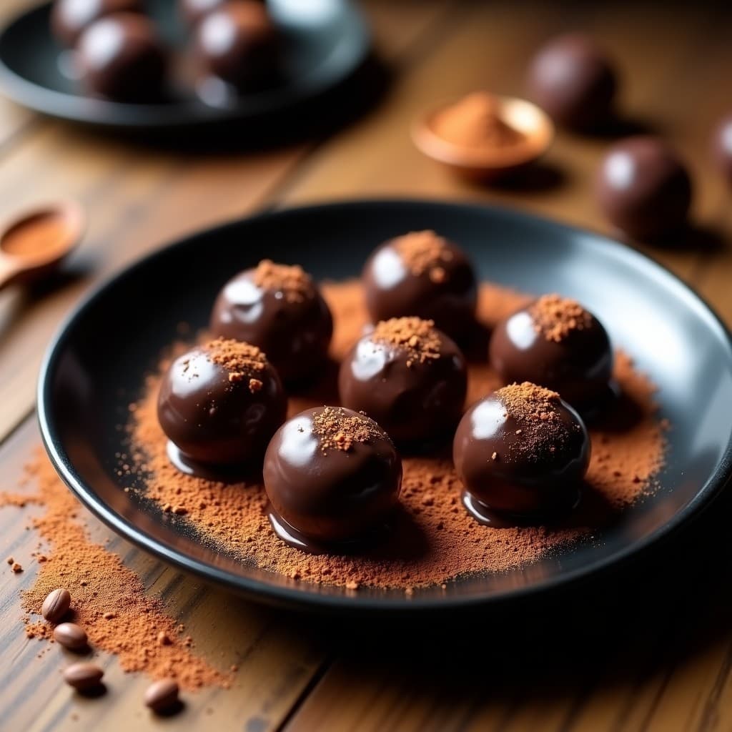 Trufas de sacha inchi y cacao peruanas keto sobre un plato de cerámica negra, con textura crujiente por fuera y cremosa por dentro, decoradas con semillas de sacha inchi tostado y espolvoreadas con cacao en polvo.