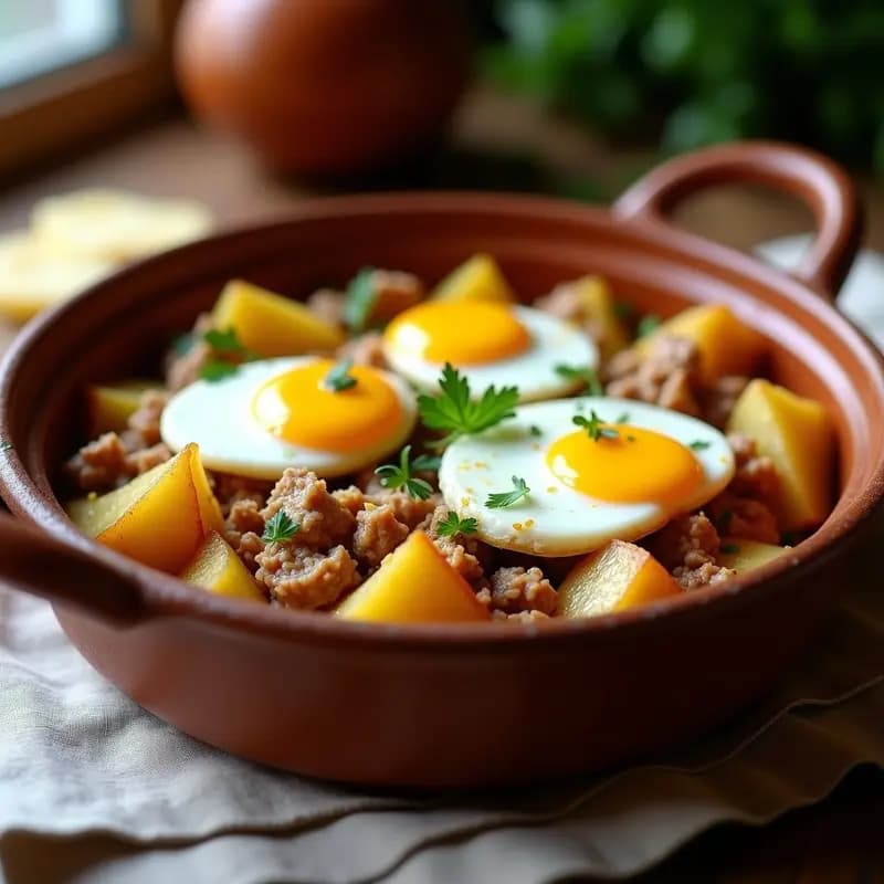 Cazuela de barro humeante con Tthuru de Atún con Huevos y Patatas, trozos de atún fresco, huevos camperos con yemas líquidas y patatas en salsa de tomate y pimentón ahumado, decorado con perejil fresco.