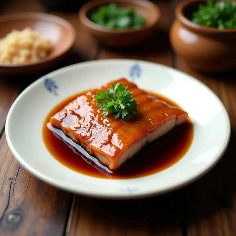 Plato hondo de cerámica negra con trozos dorados y crujientes de tulin de cerdo filipino, bañados en una salsa brillante de soja y vinagre, acompañado de rodajas de cebolla morada y hojas de laurel. Textura ultra crujiente y jugosa en el interior.