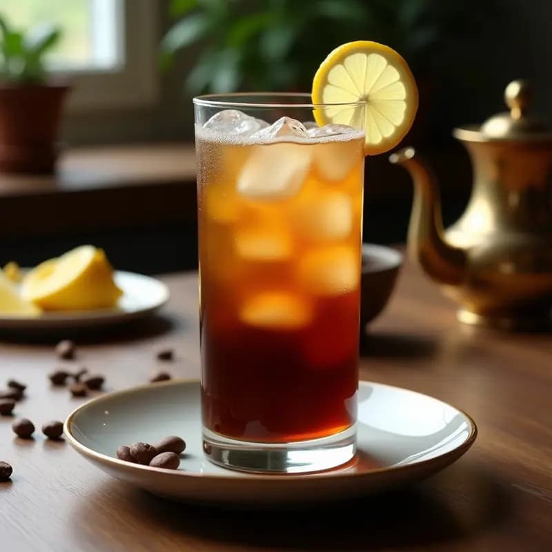 Vaso alto transparente con Turkish Coffee Tonic: capas oscuras de café turco infusionado con cardamomo, burbujas de tónica, hielo brillante y una rodaja de limón en el borde. Fondo borroso con especias y granos de café.
