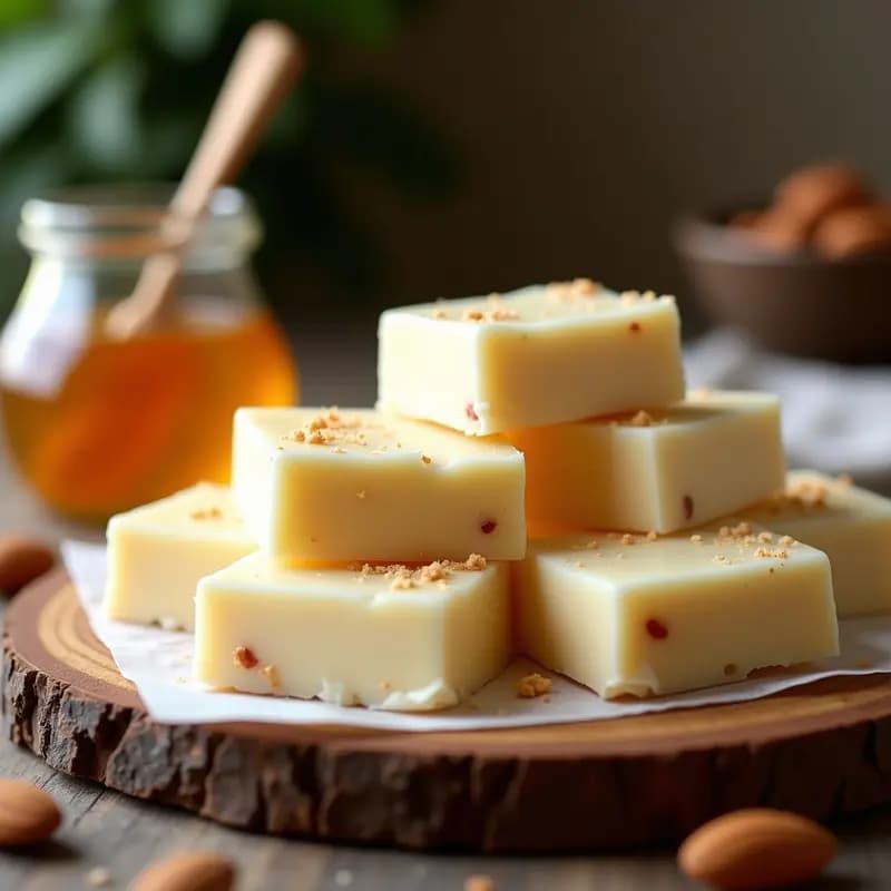 Tableta de turrón blanco casero cortado en porciones, con trozos de almendras tostadas visibles, sobre fondo rústico de madera con obleas y miel al lado.