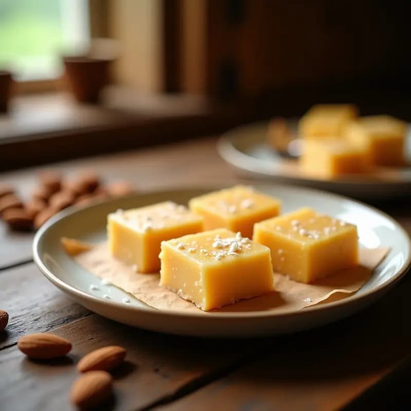 Tableta de turrón de Jijona casero con almendras sobre oblea, cortado en porciones, con textura cremosa y dorada, típico postre navideño tradicional español.