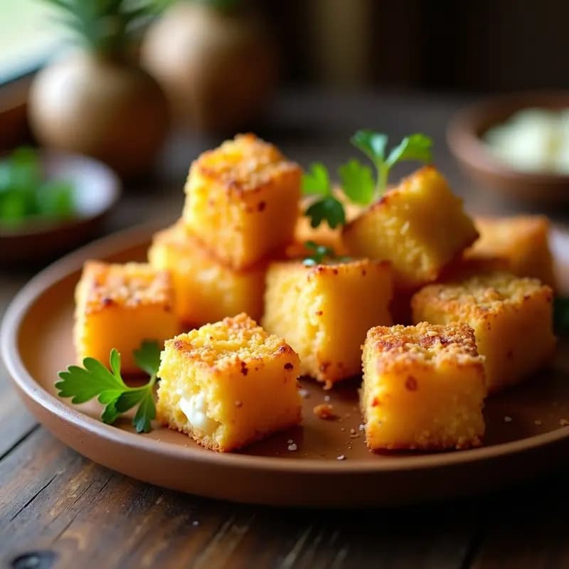Tzawaaraki georgiano de queso Sulguni dorado y crujiente en canasta de airfryer, con textura burbujeante y empanizado de harina de almendra y copos de maíz, servido en plato rústico con hierbas verdes.