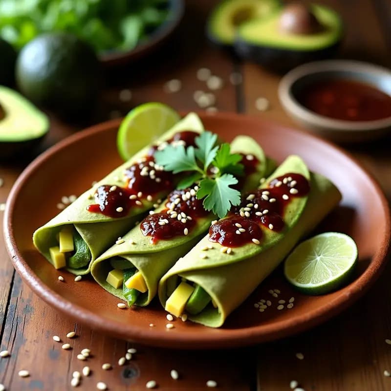 Plato de tzimisce de aguacate y nopales: enchiladas veganas rellenas de aguacate y nopales asados, bañadas en salsa de chile pasilla, decoradas con semillas de sésamo y cilantro fresco sobre un plato de barro rústico.
