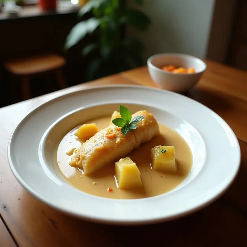 Plato hondo de barro con vatapá brasileño cremoso de color dorado, trozos de pescado blanco desmenuzado, espolvoreado con cilantro fresco y maní molido, acompañado de arroz blanco y farofa. Receta tradicional bahiana con leche de coco.