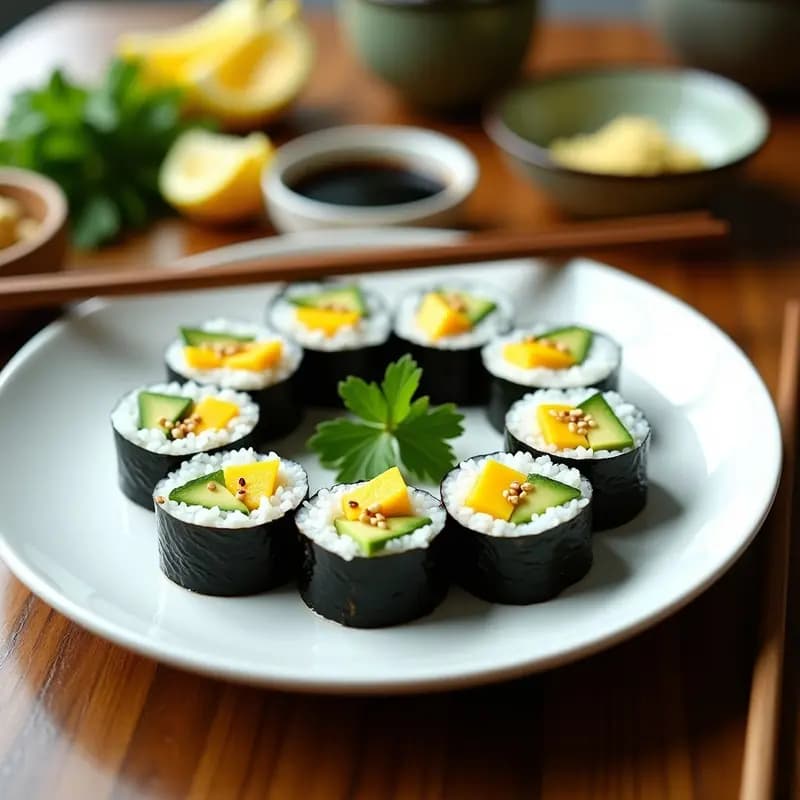 Plato blanco con veggie sushi rolls cortados en porciones, mostrando capas de arroz, alga nori, aguacate cremoso y mango amarillo. Acompañados de salsa de soja, jengibre rallado y semillas de sésamo espolvoreadas. Receta japonesa fresca y sin pescado.