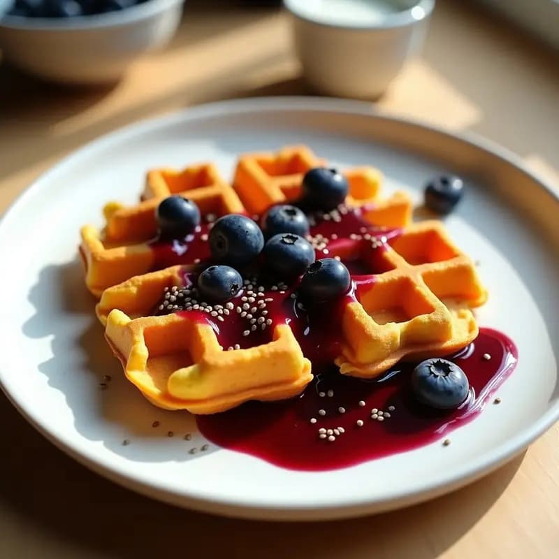 Waffles dorados y esponjosos de boniato y cúrcuma servidos en un plato blanco con salsa de arándanos brillante y semillas de chía. Desayuno antiinflamatorio en airfryer, estilo viral de redes sociales.