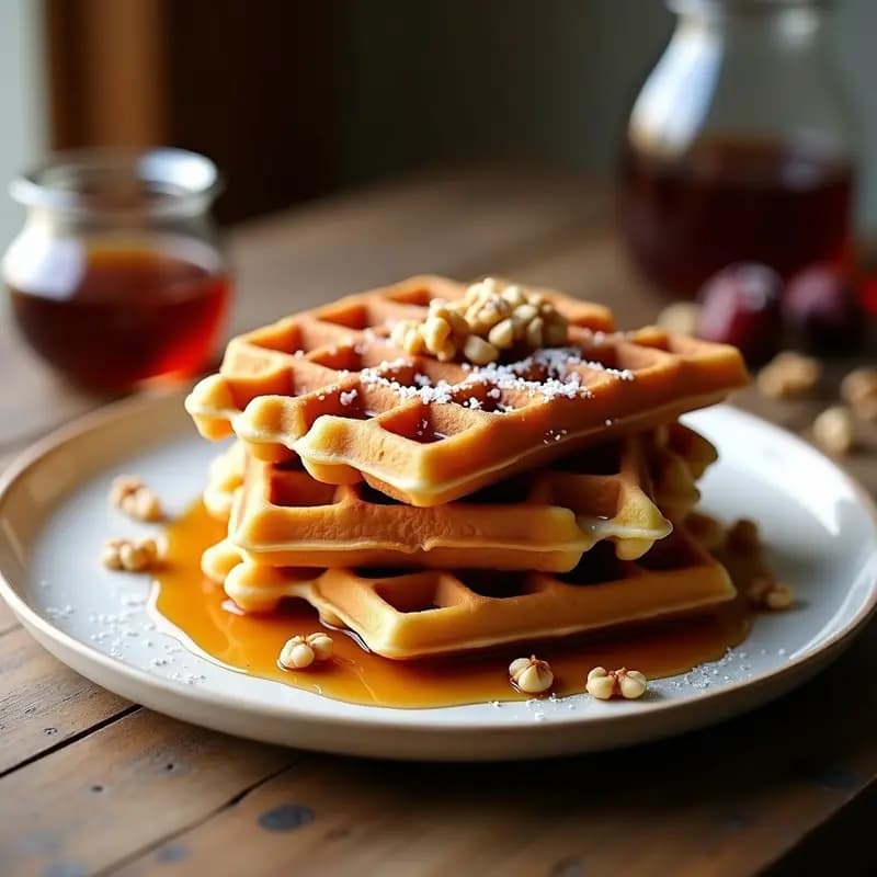 Waffles dorados y esponjosos de harina de lentejas rojas apilados, bañados en sirope de dátiles oscuro y decorados con nueces picadas y semillas de chía sobre un plato blanco rústico, con fondo de madera y hojas de menta. Receta de waffles de harina de lentejas rojas con sirope de dátiles y nueces.