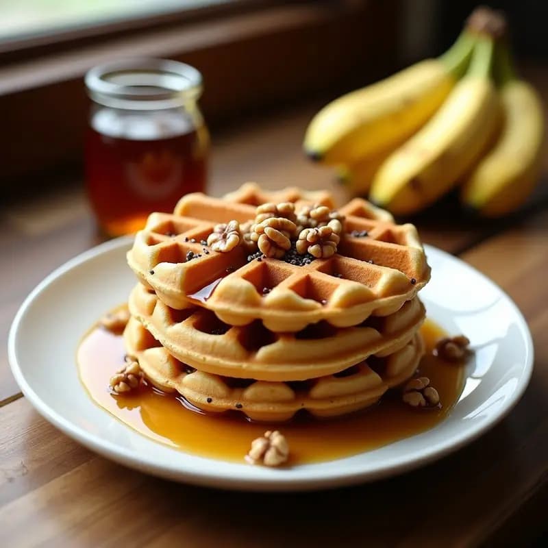Waffles dorados y crujientes de quinoa y plátano, apilados en un plato blanco con almendras fileteadas y un hilo de sirope de arce brillante. Desayuno proteinado saludable y sin gluten.