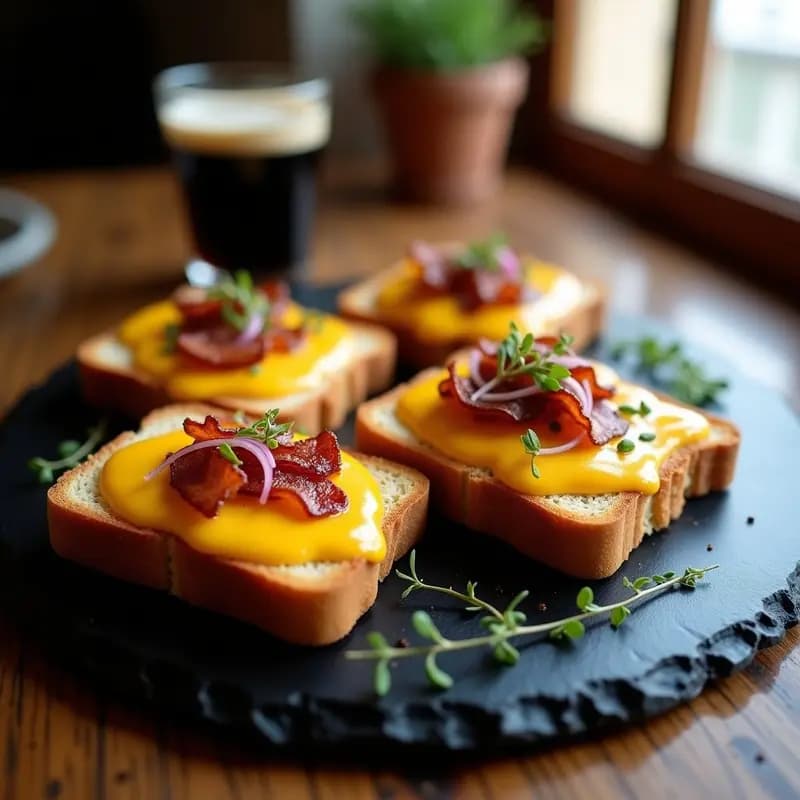Plato de pizarra con dos tostadas de pan de centeno gratinadas con salsa de Welsh Rarebit cremosa y dorada, coronadas con panceta ahumada crujiente y cebollino fresco. Receta galesa gourmet con cerveza negra para brunch.
