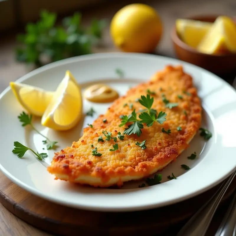 Plato blanco con Wiener Schnitzel de cerdo dorado y crujiente, decorado con gajos de limón amarillo y perejil fresco, sobre fondo rústico de madera.
