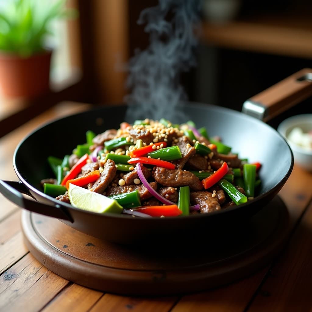 Wok de metal con ternera en tiras salteada, bok choy fresco, pimiento rojo y cebolla morada, bañado en una salsa brillante de tamarindo. Decorado con semillas de sésamo y rodajas de limón al lado. Plato tailandés rápido y bajo en calorías.