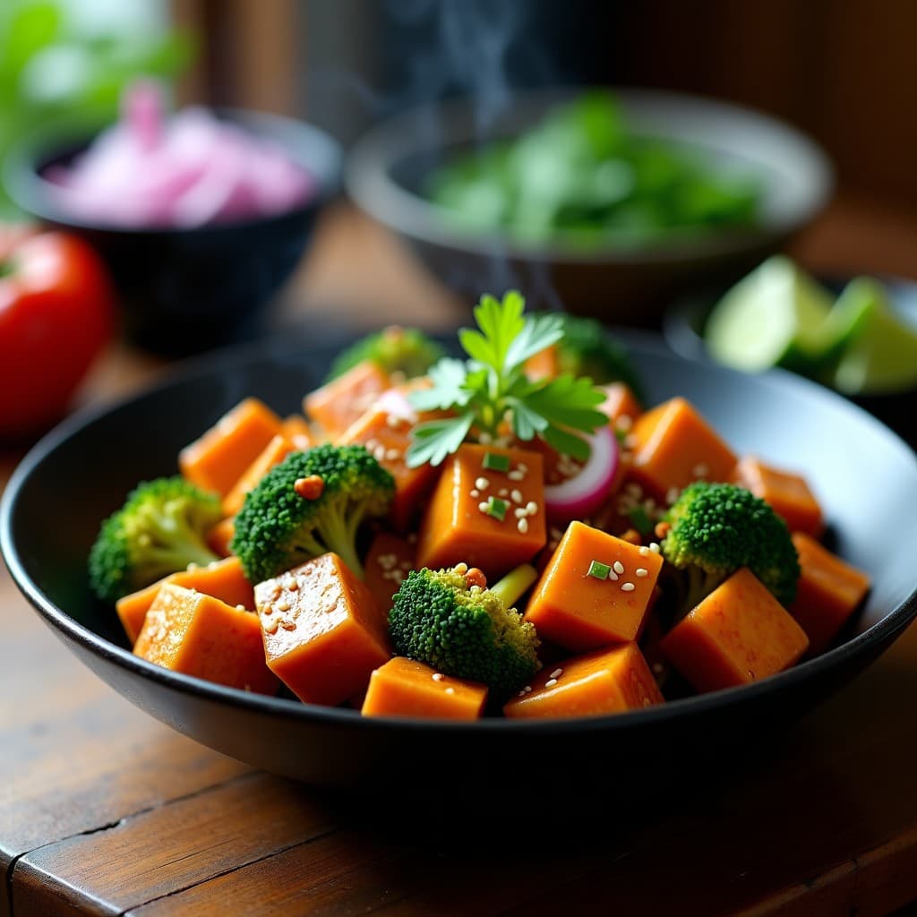 Wok de brócoli y tempeh dorado con salsa de tamarindo y chile, servido en un plato hondo de cerámica negra. El brócoli está al dente, el tempeh crujiente y la salsa brillante cubre todos los ingredientes. Decorado con semillas de sésamo, cebolla morada en juliana y hojas de cilantro fresco.
