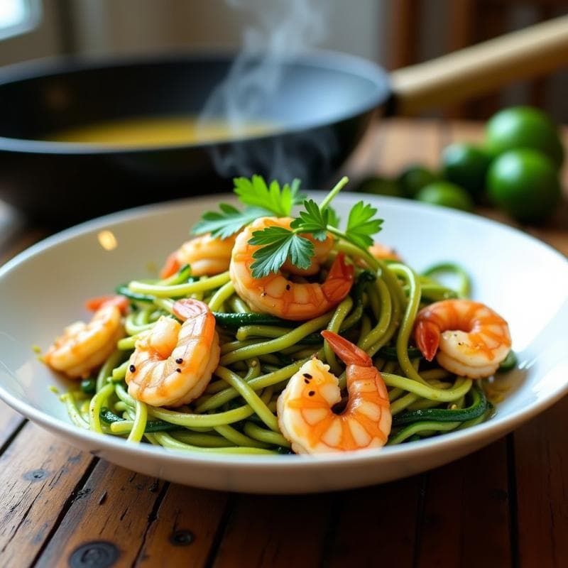 Plato hondo de cerámica blanca con wok de calabacín espiralizado verde brillante, gambas rosadas y salsa de cilantro verde intenso, decorado con semillas de sésamo y cebollino picado. Receta vietnamita keto con toques de limón y jengibre.