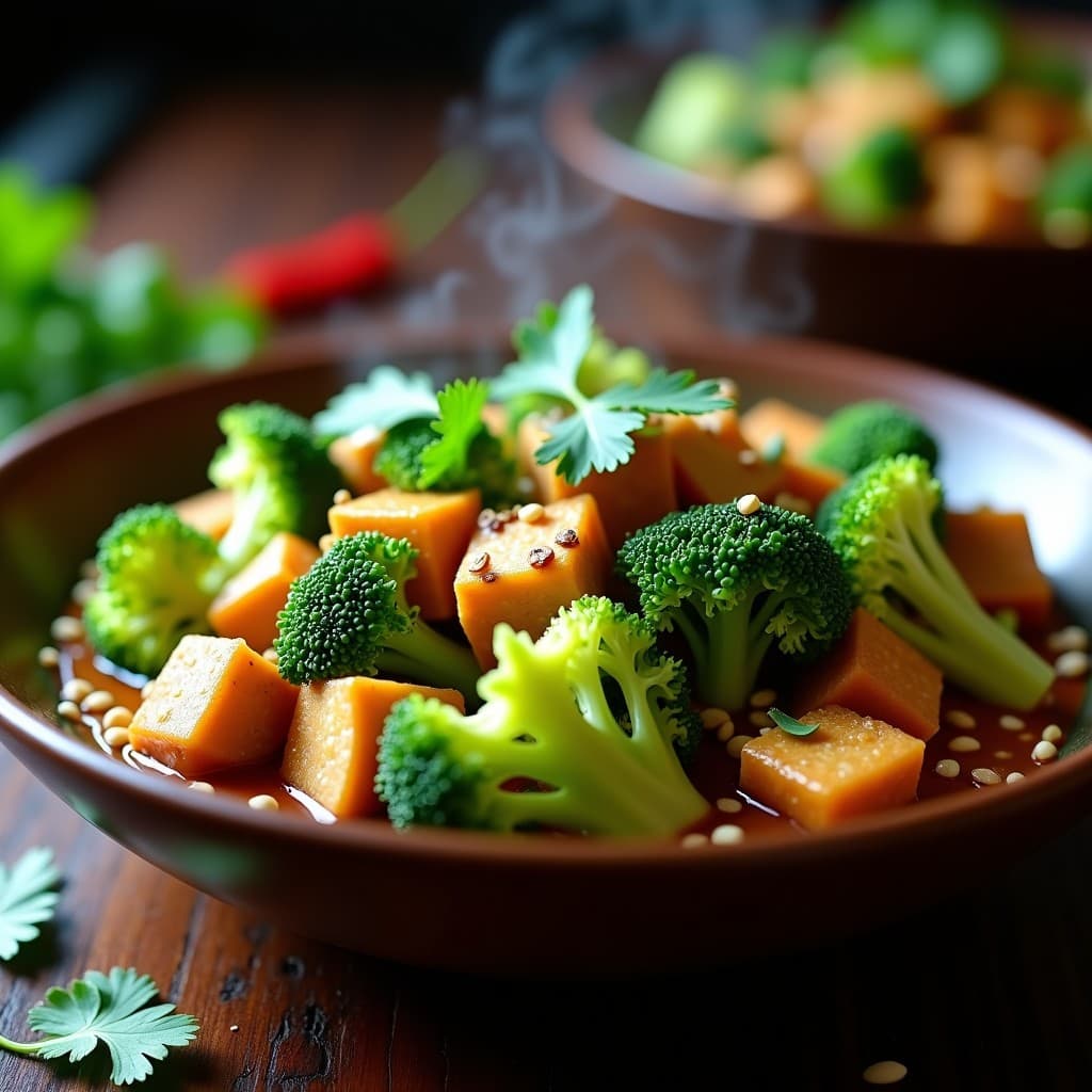 Wok de col romanesco y tempeh dorado con salsa de cacahuete y lima, decorado con cilantro fresco y semillas de sésamo. Plato colorido y vibrante con tonos verdes, marrones y blancos, típico de la cocina indonesia vegana.