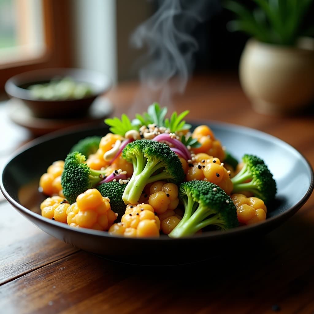 Wok de coliflor y brócoli salteados con salsa de ostiones veganos, decorado con anacardos tostados y cebolla morada, servido en plato negro con fondo de madera rústica. Receta china low carb en 15 minutos.