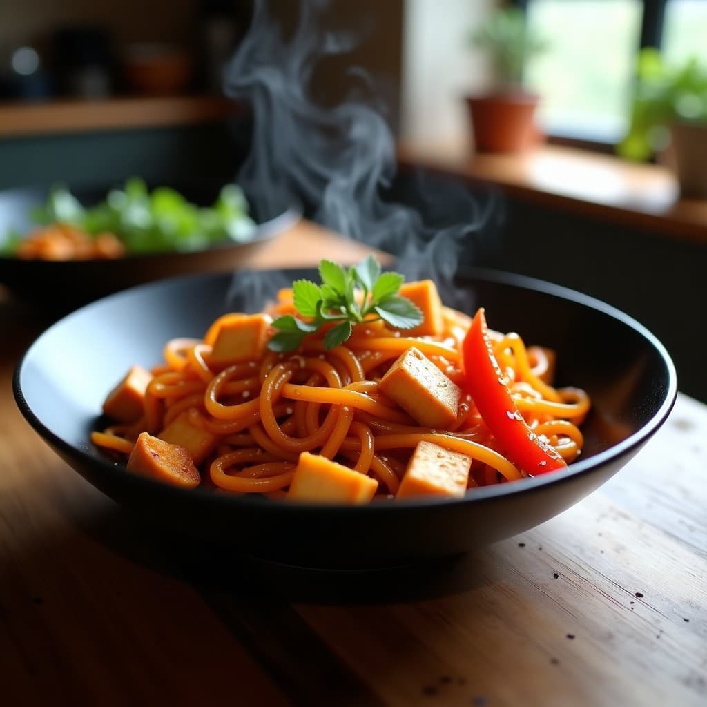 Wok de fideos de batata naranjas y tofu dorado con salsa teriyaki brillante, decorado con semillas de sésamo y pimiento rojo en juliana, servido en un bol negro con fondo de madera rústica.
