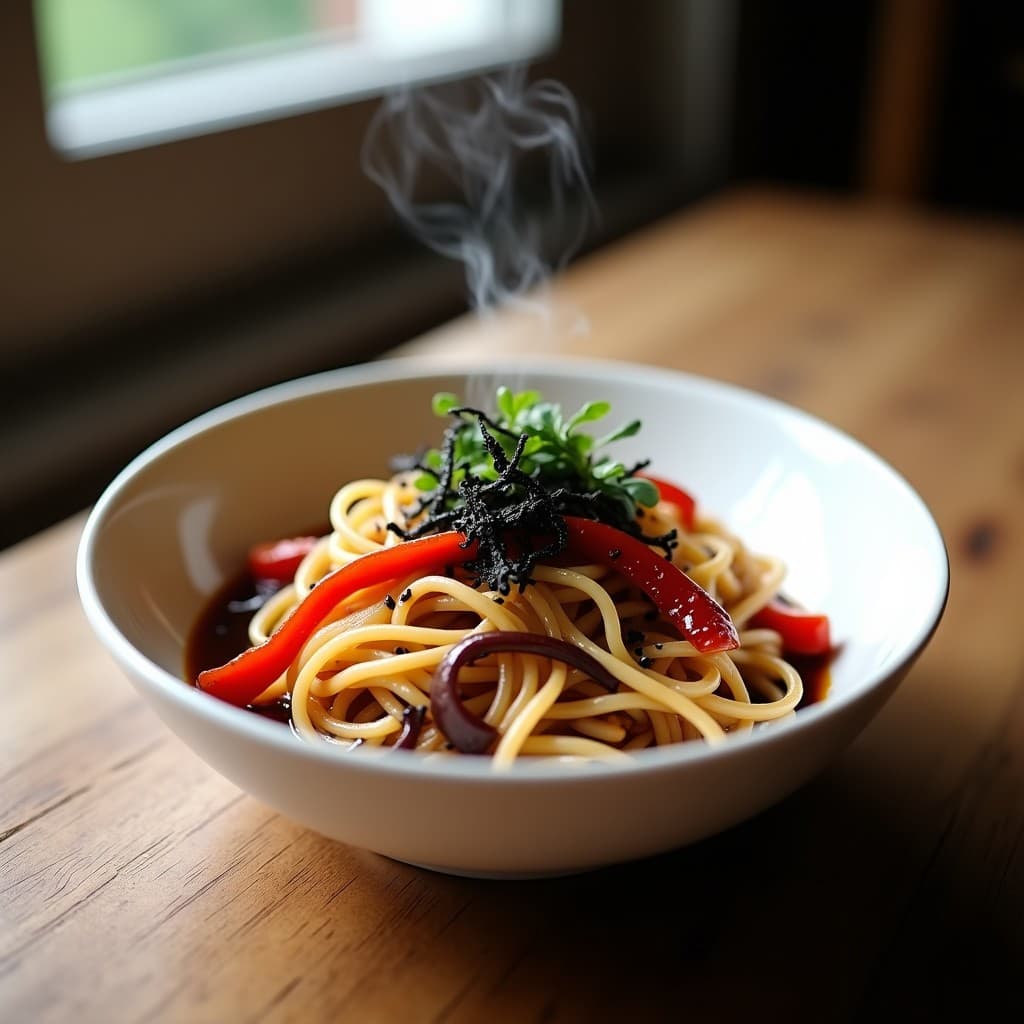 Bol de cerámica blanca con wok de fideos shirataki brillantes, mezclados con pimiento rojo asado, champiñones shiitake y cebolla morada, bañados en salsa teriyaki de dátiles oscura. Decorado con semillas de sésamo negro y trozos de alga nori, sobre fondo de madera rústica.