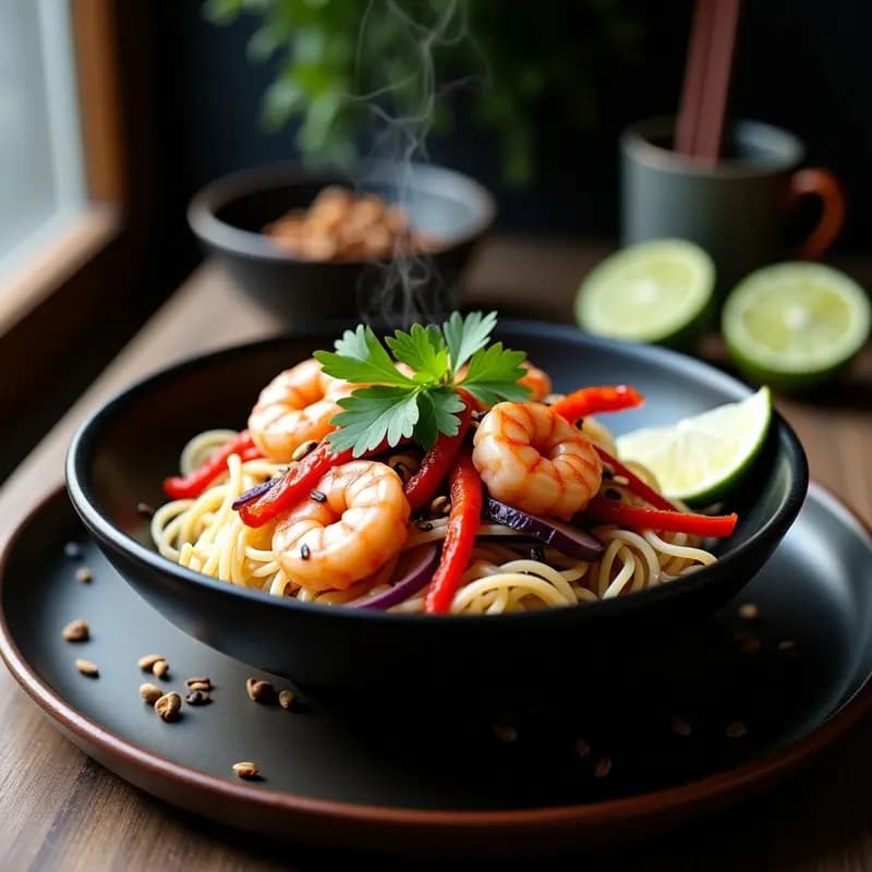 Wok de espaguetis de konjac transparentes salteados con gamberas rosadas, pimiento rojo, cebolla morada y ajo negro, decorado con cilantro fresco y semillas de sésamo. Plato tailandés low carb en cuenco negro sobre fondo de madera.