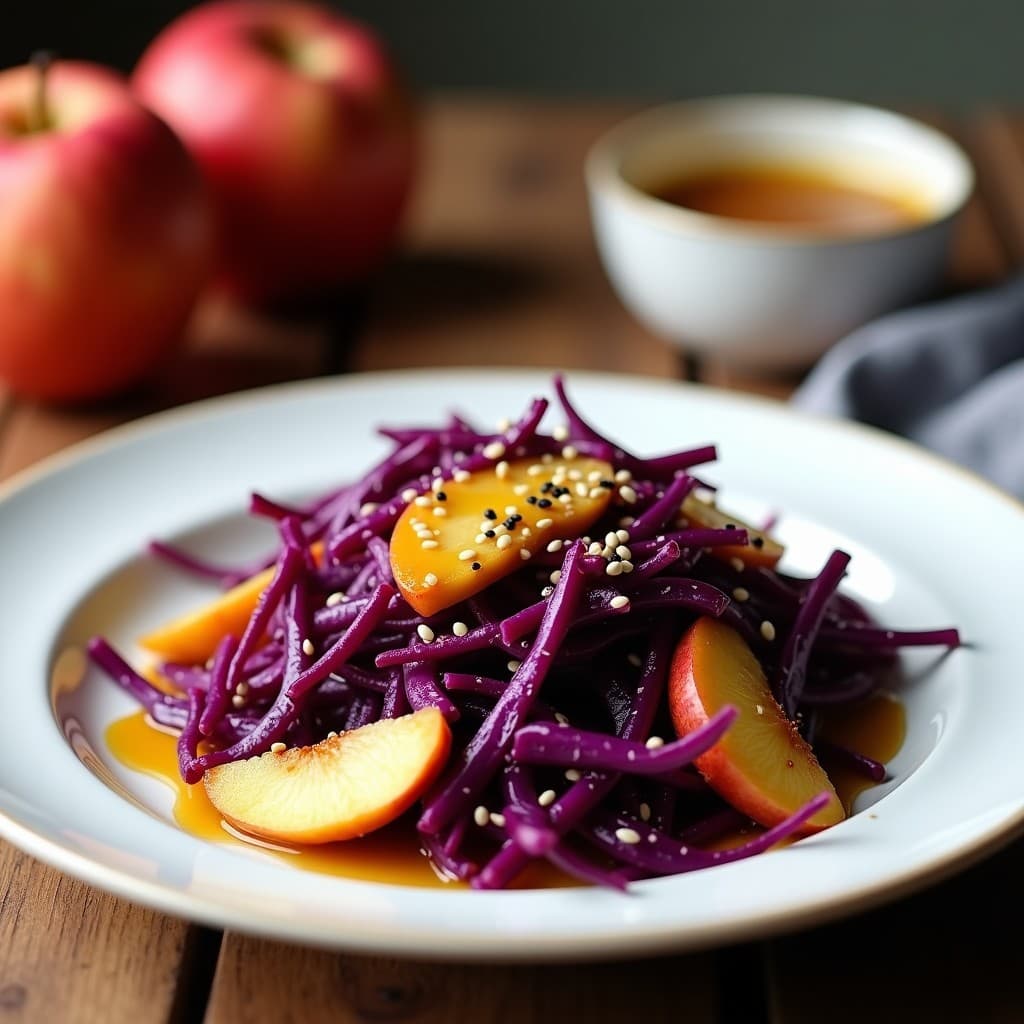 Wok de repollo morado y manzana con salsa de mostaza y miel en airfryer, servido en un plato blanco con semillas de sésamo espolvoreadas. El repollo morado brilla con tonos violetas intensos, la manzana tiene un dorado caramelizado y la salsa crea un brillo sedoso sobre los ingredientes.