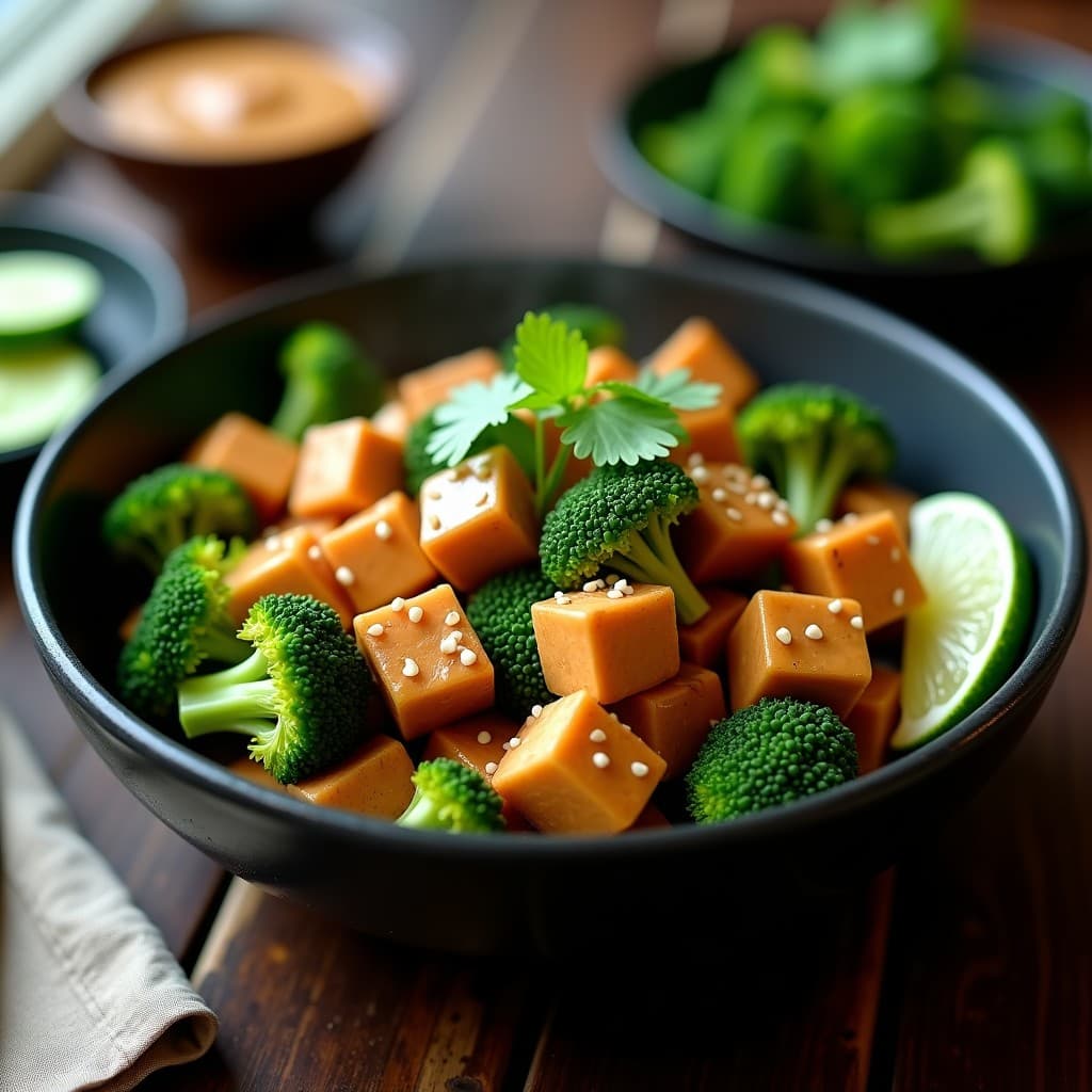 Wok de Tempeh y Brócoli con Salsa de Cacahuete en Airfryer: plato colorido con tempeh dorado, brócoli verde vibrante y salsa cremosa de cacahuete, decorado con cilantro y semillas de sésamo, servido en bowl negro.