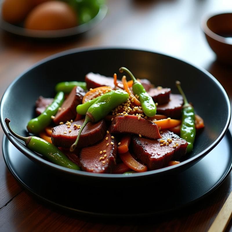 Plato de wok de ternera con pimientos de padrón y salsa de oporto en airfryer, servido en un bol blanco con tiras de ternera doradas, pimientos verdes y cebolla morada, bañado en una salsa brillante y oscura.