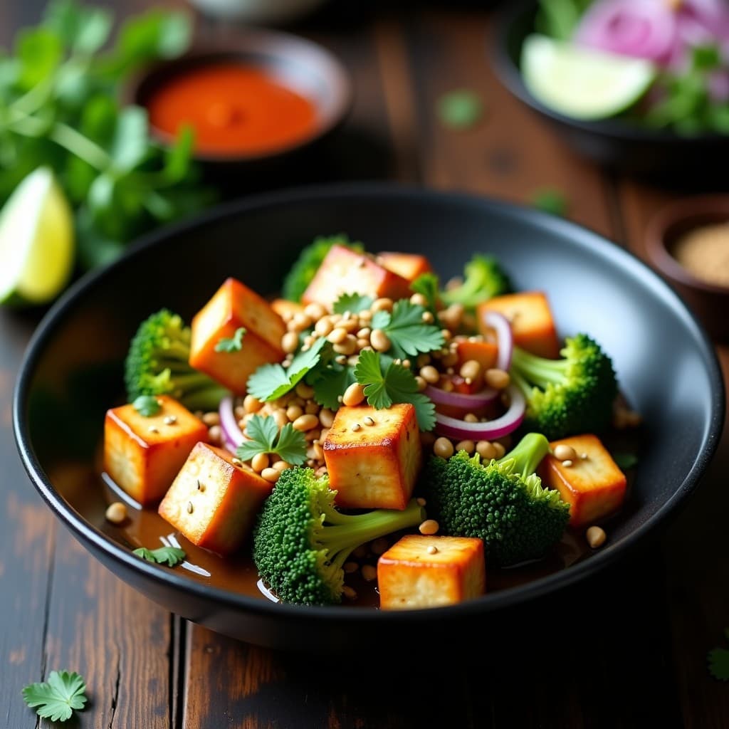 Wok de tofu ahumado dorado y brócoli verde brillante salteados, bañados en una salsa cremosa de cacahuete con trozos de cebolla morada y semillas de sésamo. Plato vietnamita keto servido en un bol negro con rodajas de lima al lado.