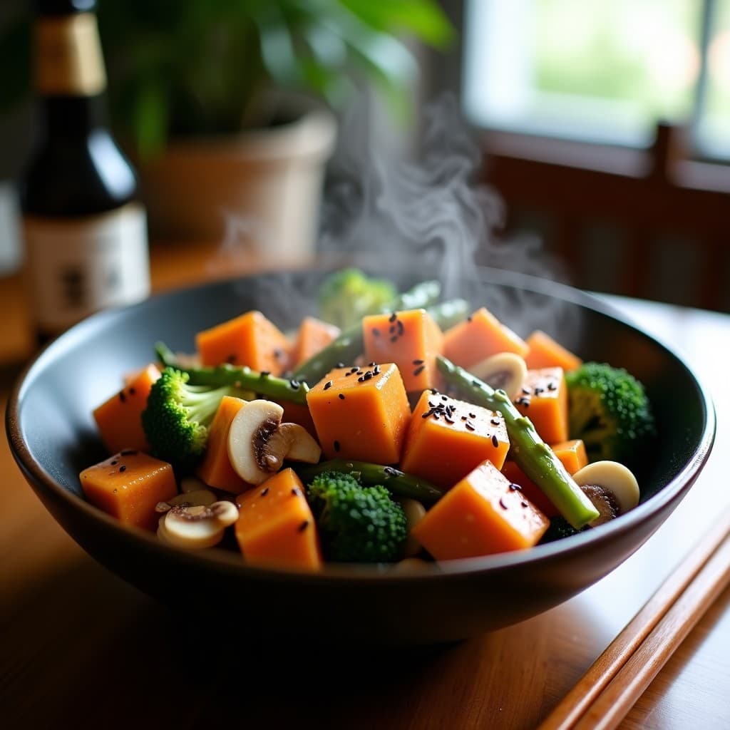 Wok de tofu fermentado dorado y vegetales al vapor (brócoli, zanahoria, espárragos y shiitake) bañados en salsa teriyaki de tamari brillante, espolvoreado con semillas de sésamo negro. Plato japonés vegano y sin gluten servido en un bol de cerámica oscura.