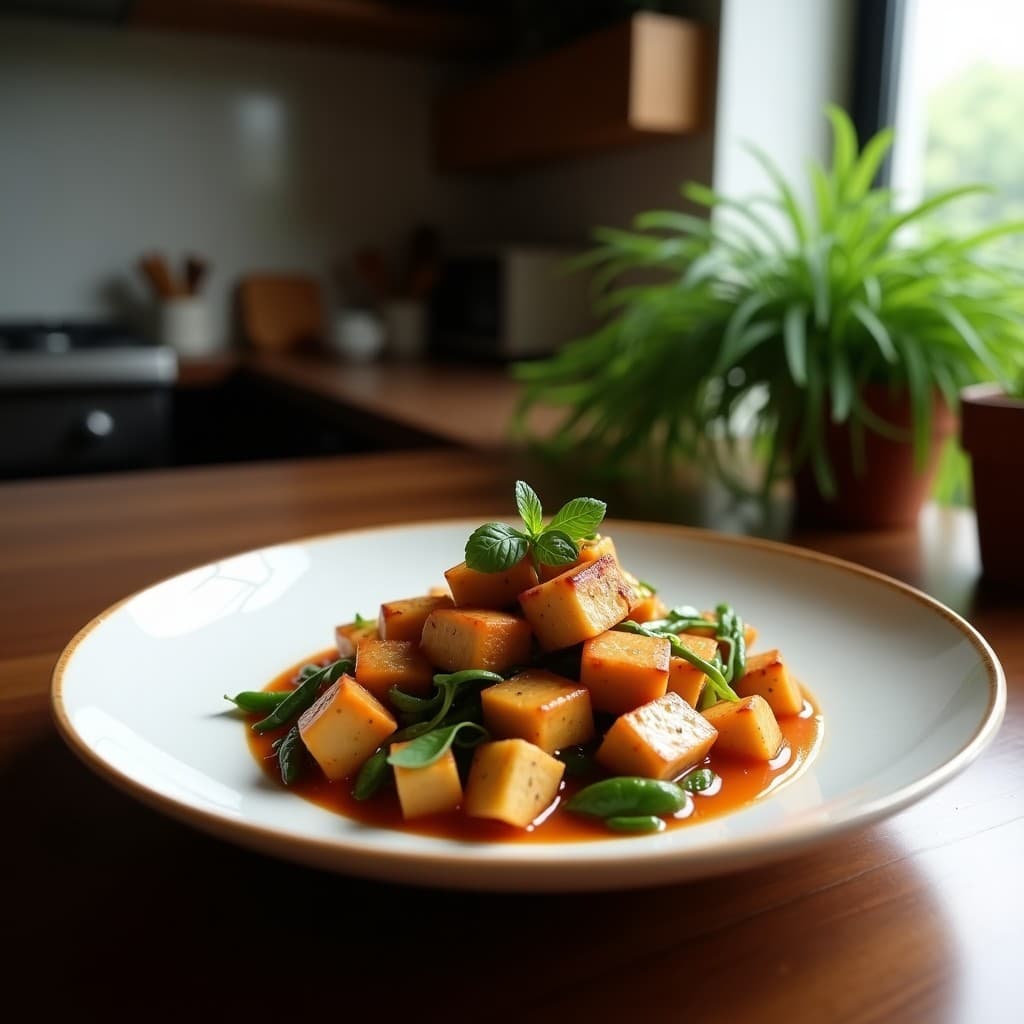 Wok de tofu dorado y crujiente con verduras coloridas salteadas, bañadas en una salsa de cacahuete cremosa y espolvoreadas con cacahuetes triturados, cilantro fresco y semillas de sésamo. Plato vegano alto en proteína servido en un bol de cerámica blanca sobre fondo de madera rústica.