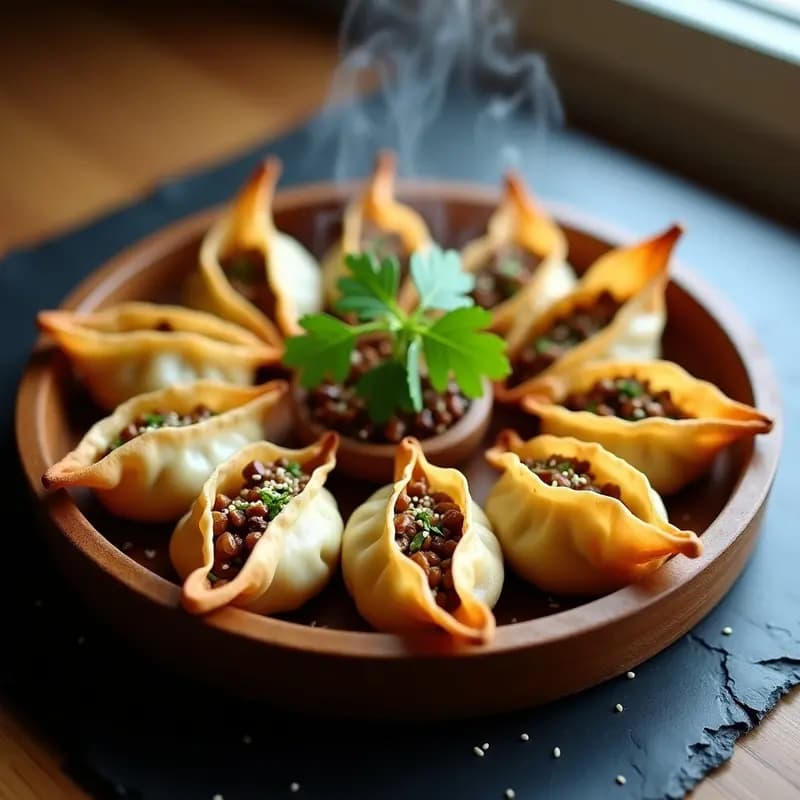 Bandeja de madera con bolsas de wonton doradas y crujientes al horno, rellenas de setas shiitake y brotes de bambú, decoradas con semillas de sésamo y cilantro fresco. Aperitivo chino ligero y saludable.