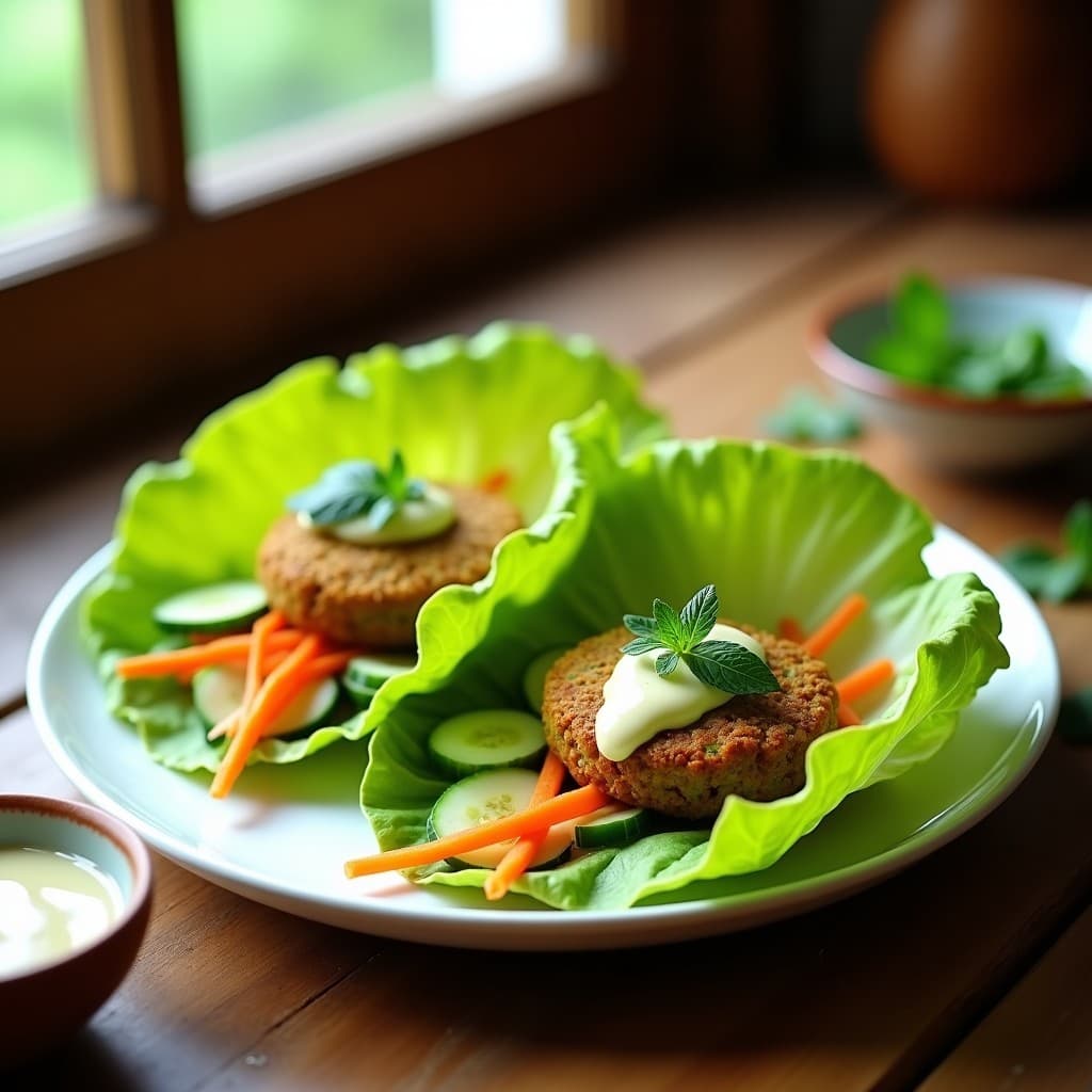 Wraps de lechuga romana rellenos de falafel dorado de guisantes, zanahoria rallada, pepino y salsa de tahini cremosa, sobre un plato de madera con hierbas frescas.