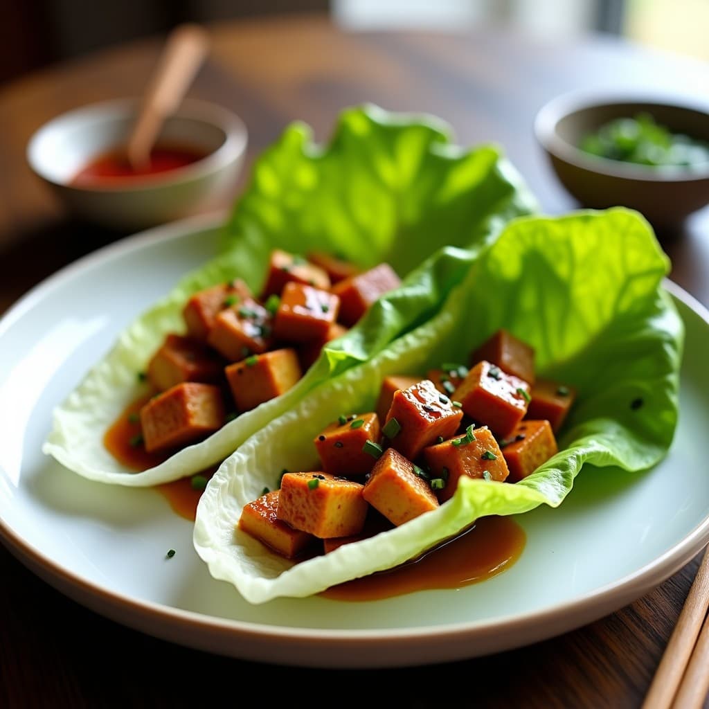 Wraps de hojas de lechuga romana rellenos de tofu desmenuzado salteado con salsa teriyaki keto, decorados con semillas de sésamo negro y servidos en un plato de cerámica blanca con palillos. Receta japonesa sin gluten y baja en carbohidratos.