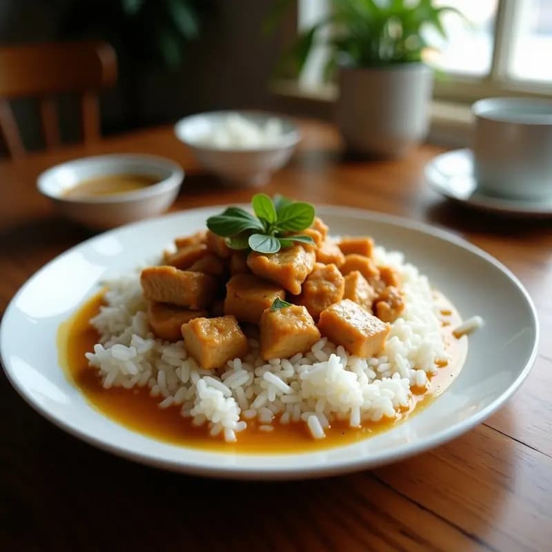 Plato tradicional vietnamita Xoi Ga con arroz glutinoso al vapor, trozos de pollo marinado en leche de coco y hierbas frescas como cilantro y menta, decorado con cacahuetes tostados y servido sobre hoja de plátano.
