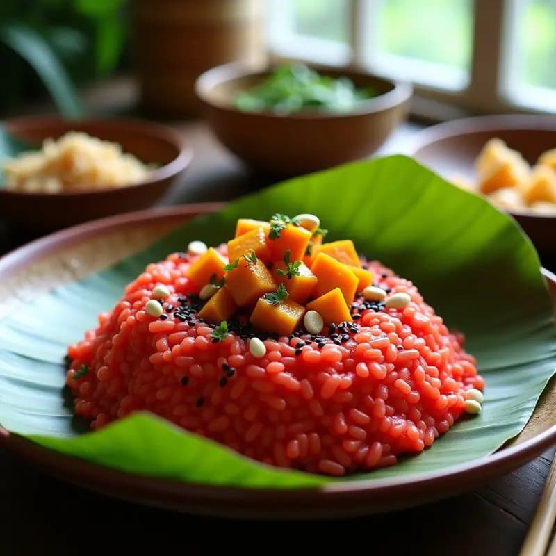 Plato tradicional vietnamita de Xoi Gac: arroz pegajoso de color rojo intenso teñido con fruta de gac, acompañado de cubos dorados de calabaza butternut y espolvoreado con semillas de sésamo negro y cacahuetes triturados. Servido en hoja de plátano o plato de cerámica rústico.