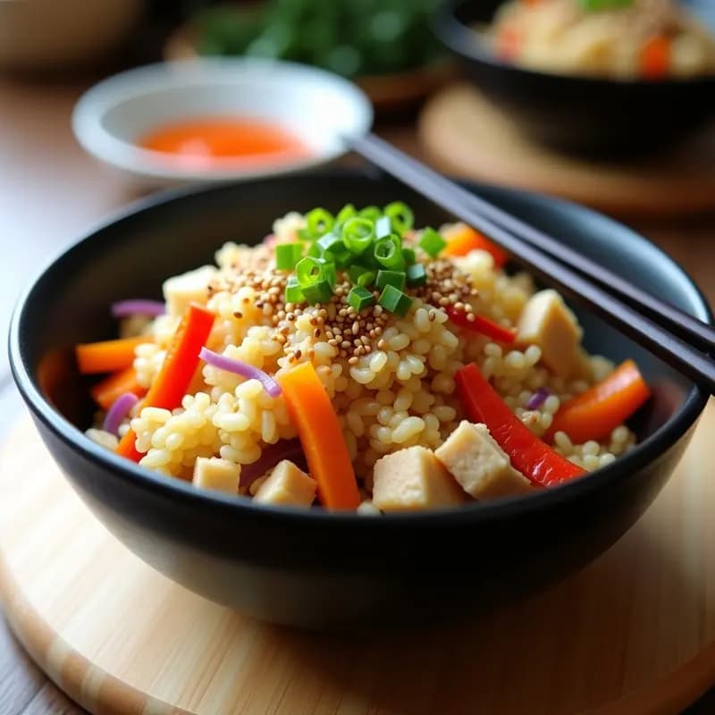 Yakimeshi japonés en cuenco hondo de cerámica negra, con arroz dorado salteado en airfryer, trozos de pollo jugoso, zanahoria naranja, pimiento rojo y cebolla morada brillantes, espolvoreado con semillas de sésamo y cebollino verde. Plato bajo en calorías y alto en proteína.