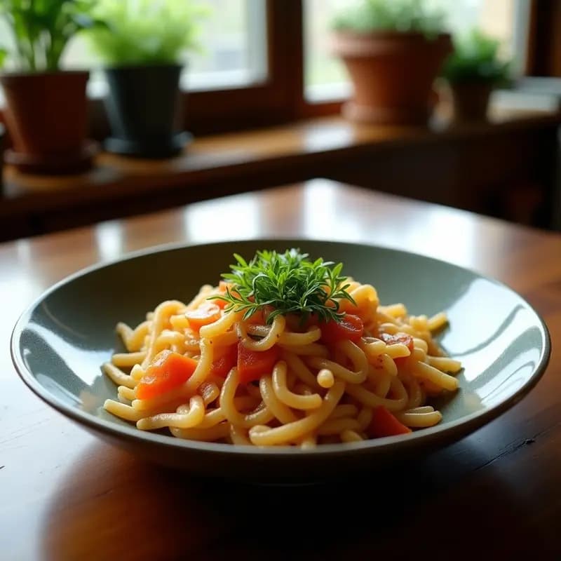 Wok de hierro negro con yakimeshi japonés vegano: arroz frito dorado con tofu crujiente, zanahoria, pimiento rojo y hebras de jengibre, decorado con semillas de sésamo negro y cebollino fresco.