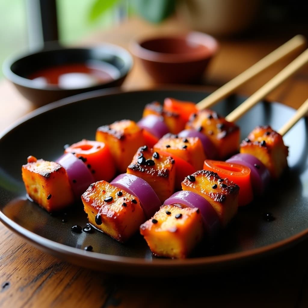 Brochetas de yakitori vegano con seitan dorado, cebolla morada y pimiento rojo, bañadas en salsa tare brillante y espolvoreadas con semillas de sésamo negro, servidas sobre un plato de cerámica negra con fondo de madera oscura.