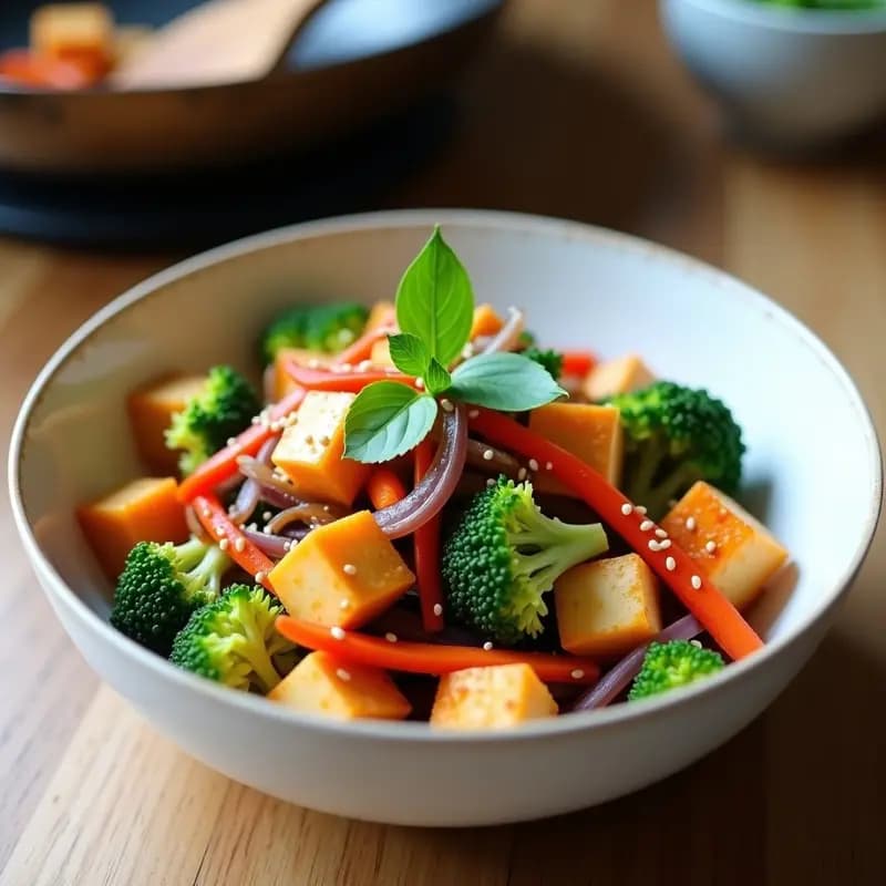 Wok de acero humeante con Yasai Itame salteado japonés: tofu dorado crujiente, calabacín morado, setas shiitake, pimiento rojo y cebolla morada brillantes con salsa de ponzu, espolvoreado con semillas de sésamo tostadas. Plato vibrante y colorido sobre fondo de madera oscura.