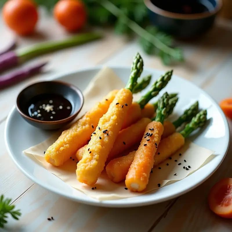 Plato blanco con yasai tempura de espárragos trigueros y zanahoria morada fritos, dorados y crujientes, servidos sobre papel de arroz con semillas de sésamo negro y salsa tentsuyu en un bol aparte, receta japonesa colorida y saludable.