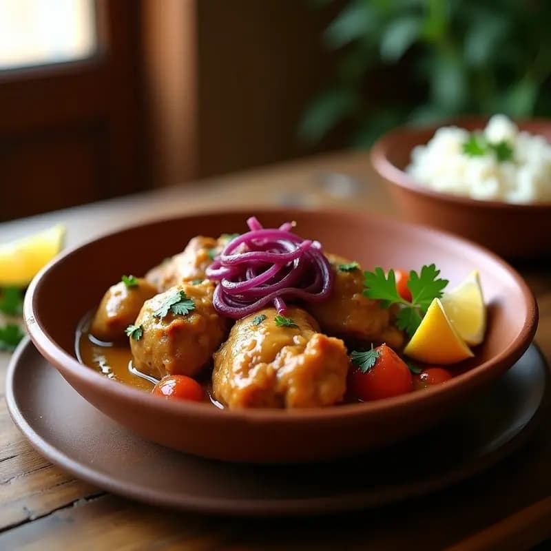Plato tradicional senegalés de Yassa de Pollo con cebolla caramelizada en olla express, servido en un bol de barro con cebollas moradas en juliana y salsa espesa de color dorado, acompañado de arroz blanco.