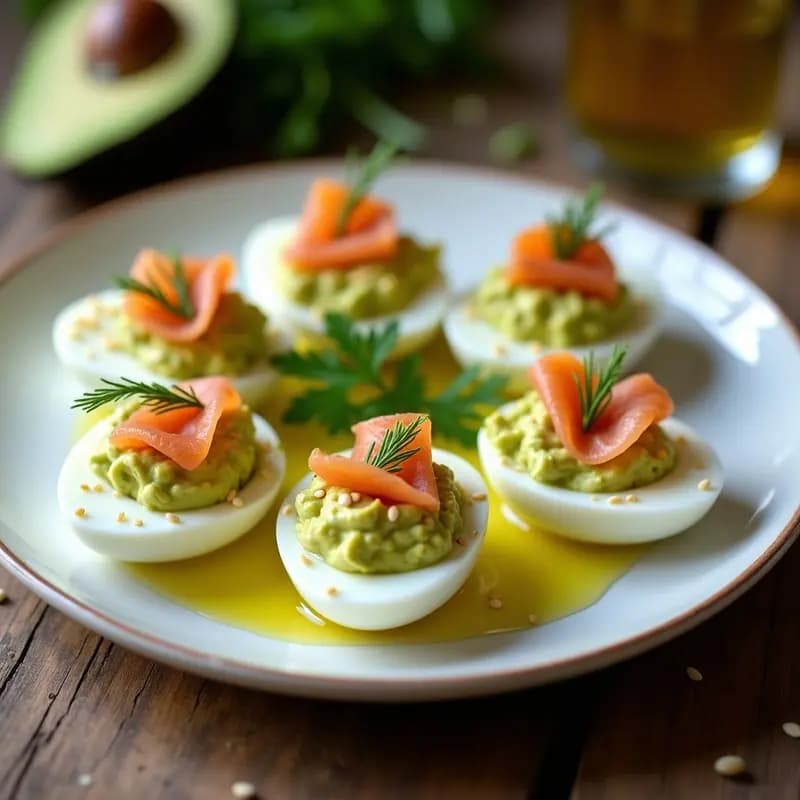 Yemas de huevo rellenas de crema de aguacate y salmón ahumado, decoradas con semillas de sésamo y eneldo, servidas sobre un plato blanco con fondo de madera rústica. Entrante proteinado sin pan.