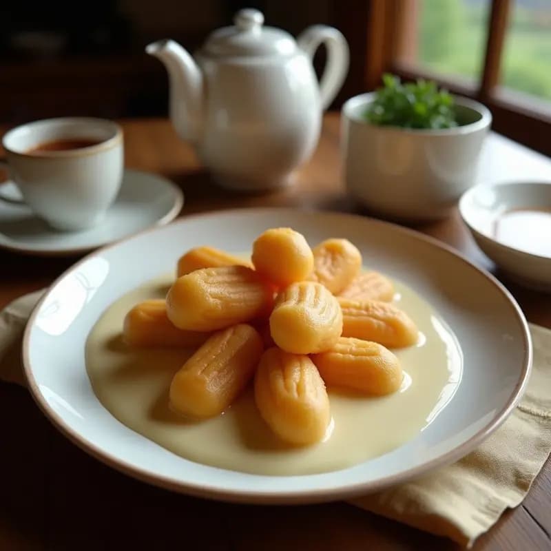 Plato hondo de cerámica blanca con youtiao dorado y crujiente sumergido en leche de soja caliente, espolvoreado con cebollino fresco. Desayuno chino tradicional servido sobre una mesa de madera oscura con una taza de té verde al fondo.