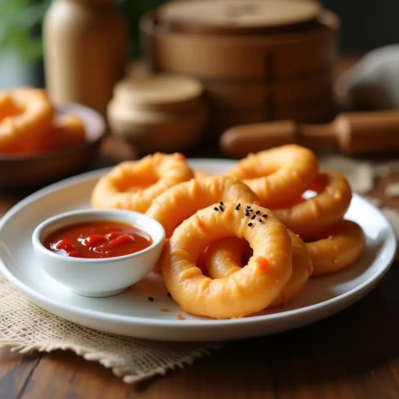 Youtiao chino dorado y crujiente servido en un plato de cerámica blanca, acompañado de un bol pequeño con salsa de tamarindo y chile de color ámbar. Espolvoreado con semillas de sésamo negras y blancas. Fondo borroso con utensilios de cocina tradicionales chinos.