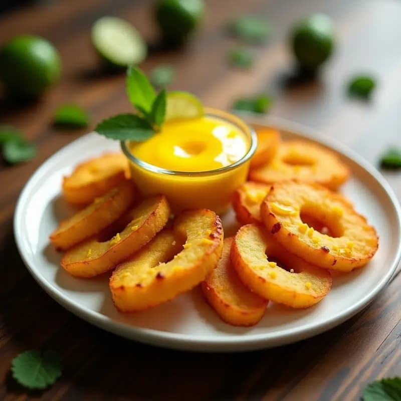 Plato blanco con yuca frita dorada y crujiente en bastones gruesos, acompañada de un bol pequeño con mojito de mango de color amarillo vibrante, decorado con hojas de menta y rodajas de limón verde. Fondo rústico con texturas de madera y luz natural.