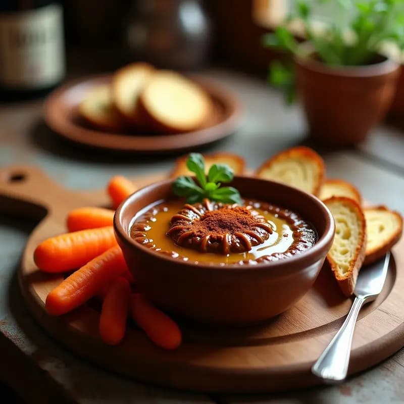 Bol de cerámica rústica con Zacuscă de Berenjena Ahumada con Pimentón, dip rumano vegano de color marrón oscuro, decorado con un hilo de aceite de oliva y pimentón espolvoreado. Acompañado de rodajas de pan de centeno tostado y bastones de zanahoria cruda sobre una tabla de madera.