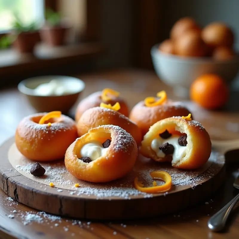 Zeppole Italianas doradas y esponjosas en bandeja de Airfryer, rellenas de crema de ricotta y trocitos de chocolate negro, espolvoreadas con azúcar glass y decoradas con ralladura de naranja.